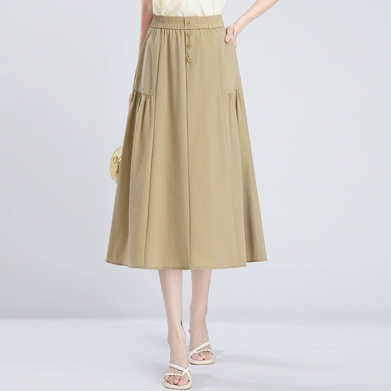 松紧腰半身裙女2025夏季新款高腰显瘦休闲裙气质百搭中长款A字裙