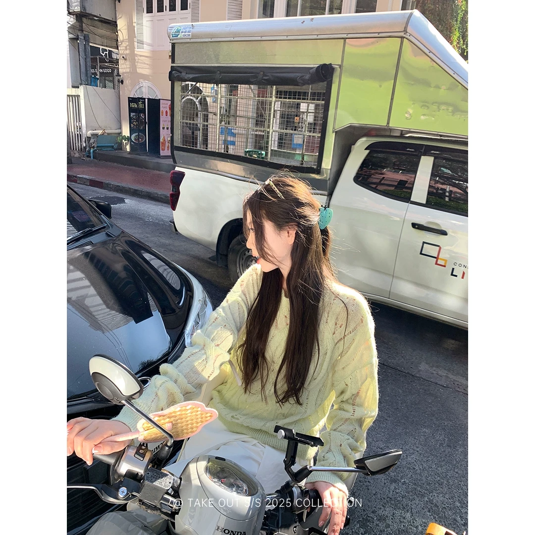 外卖到了【春日迟迟】慵懒风镂空提花毛衣女针织衫宽松显瘦WM4LZT10