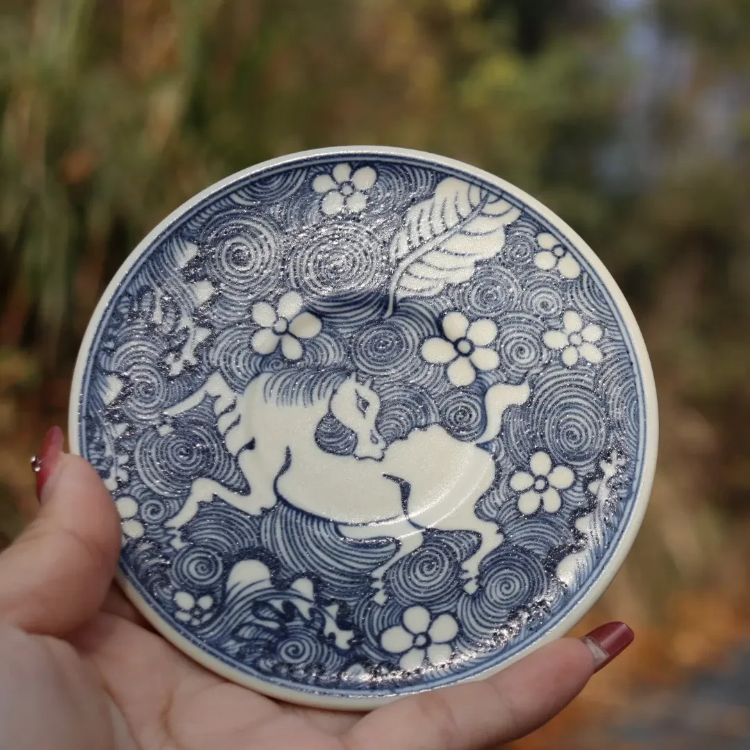 幽蓝溪堂 克勤堂同款景德镇陶瓷全手工手绘仿元 二号釉海浪马杯垫