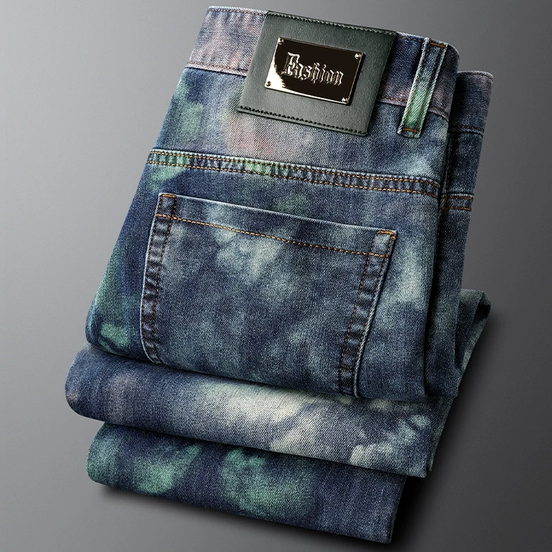 轻奢春夏季蓝色印花牛仔裤男修身小直筒裤时尚潮流花裤子男士长裤