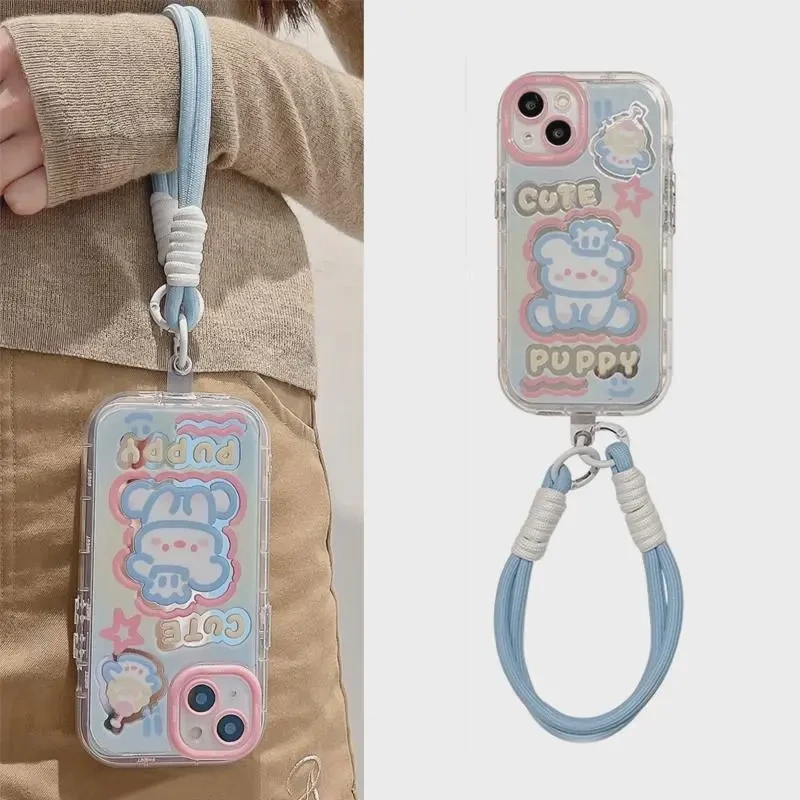 蓝粉坐地镂空狗狗适用苹果16promax手机壳彩绘小狗iPhone15ProMax