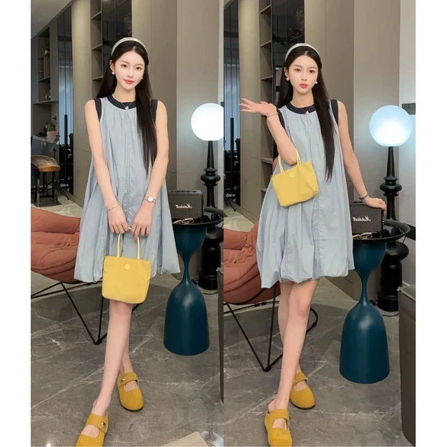 2025夏季孕妇装设计感无袖圆领拼色宽松时尚洋气中长款花苞连衣裙