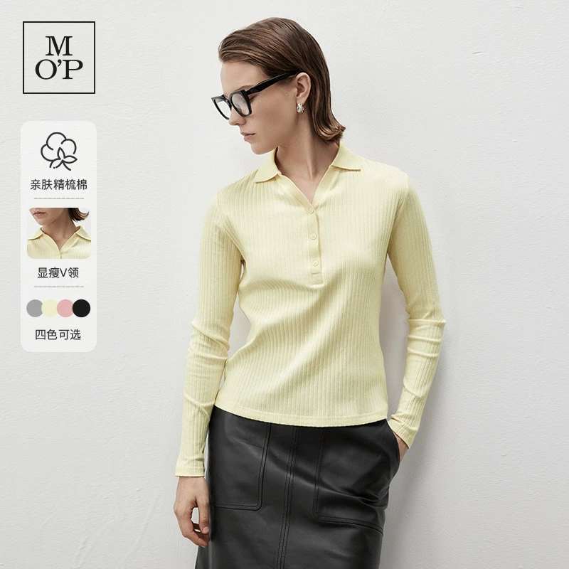 Marc O'Polo/MOPV领修身显瘦坑条针织长袖Polo衫女