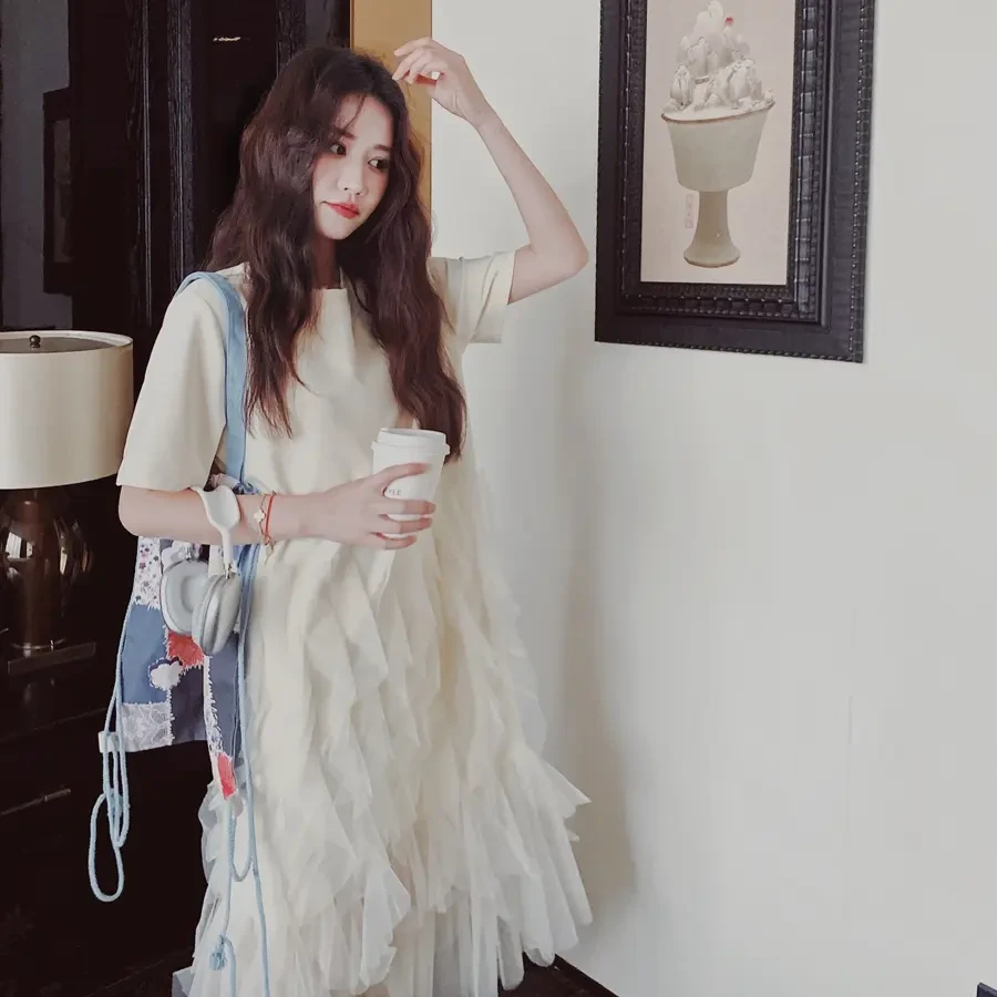 薄纱拼接法式连衣裙女2025夏季新款独特设计感温柔风中长款T恤裙