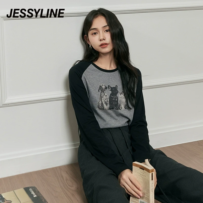 杰茜莱灰黑色小狗印花百搭减龄T恤女2024秋新款上衣潮 jessyline