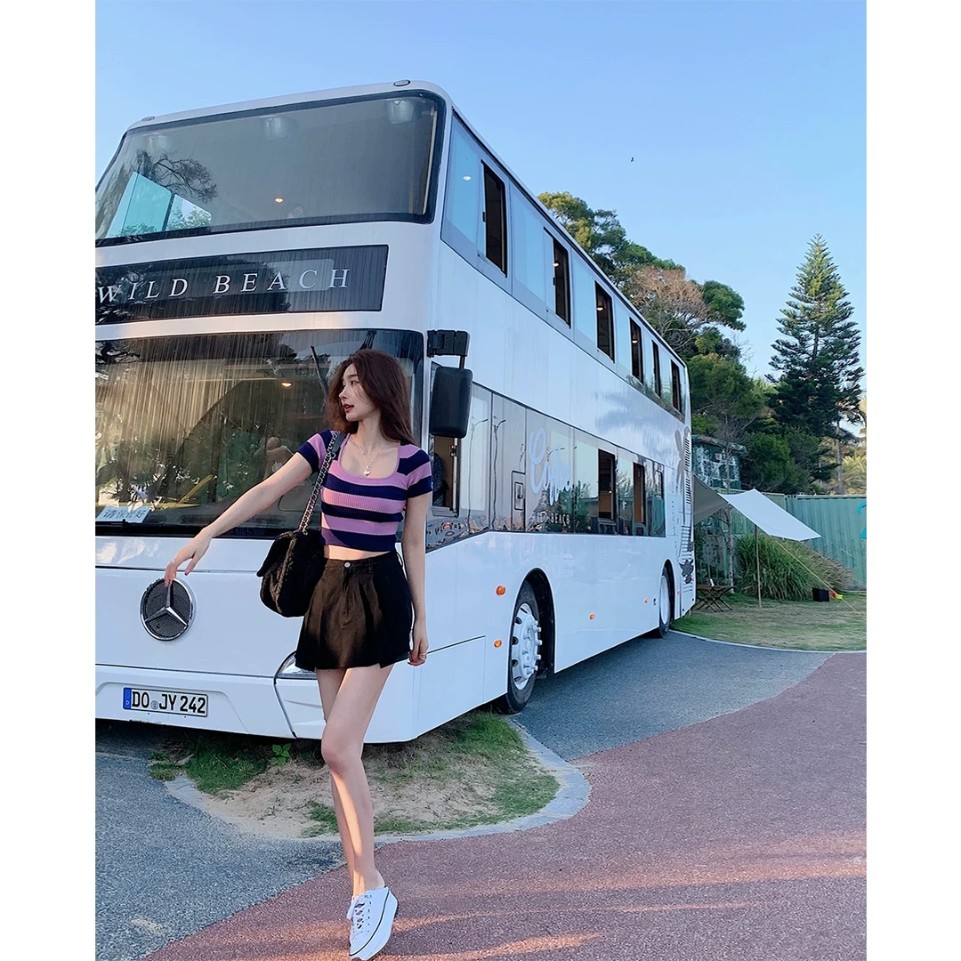 ACHI大也池蓝色牛仔半身裙女短款夏季收腰裙女百褶裙高腰包臀裙裤