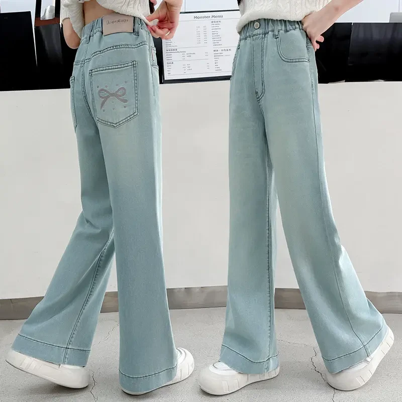 女童春夏牛仔直筒裤薄款2025新款6-12岁中大童女孩洋气时髦阔腿裤