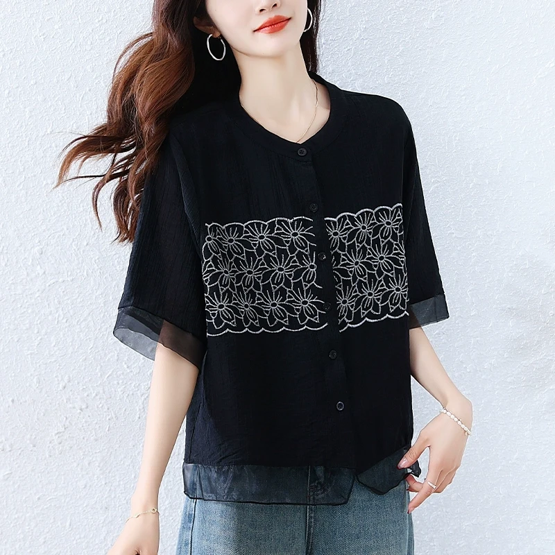 雪纺衫圆领短袖女2025夏季新款时尚显瘦减龄遮肚重工刺绣休闲上衣