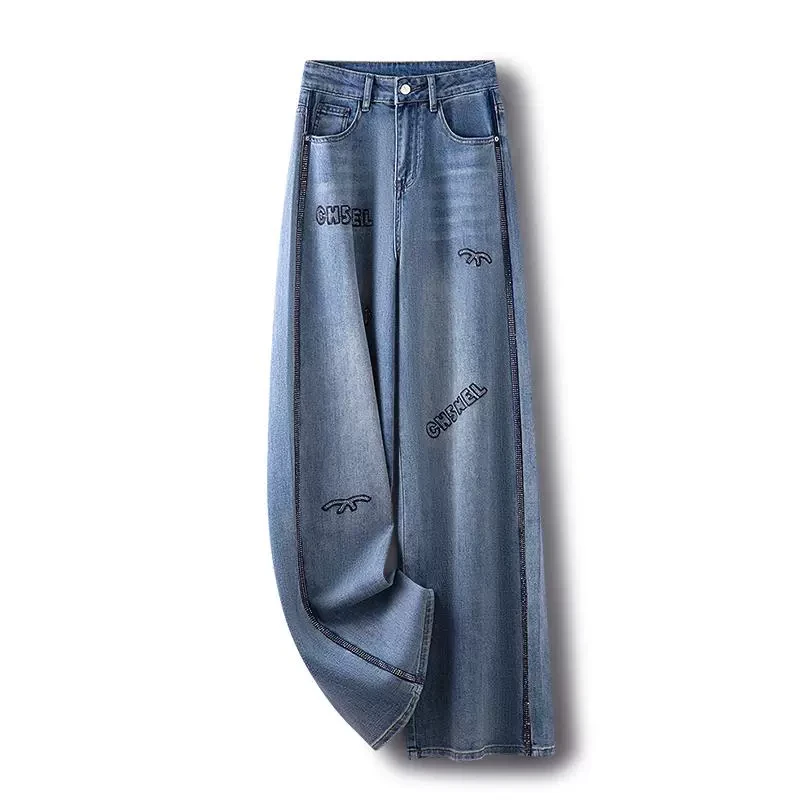 浅蓝色阔腿牛仔裤女2025年新款春秋季刺绣垂感百搭时尚修身直筒裤