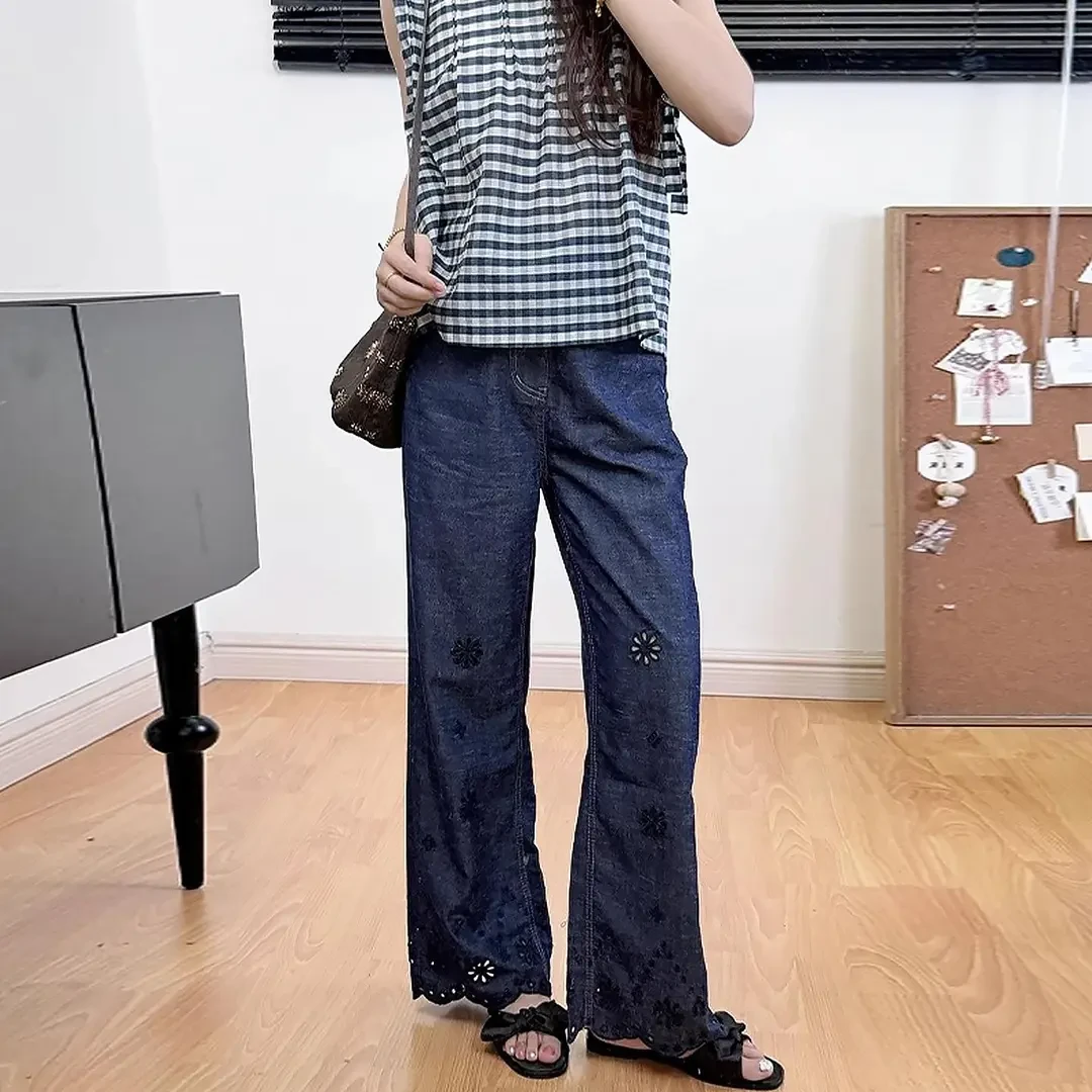 重工刺绣花朵镂空牛仔裤女2025夏季新款时尚流行松弛感宽松直筒裤