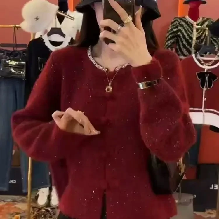 立体879镶钻盘扣设计宽松显瘦针织毛衣上衣秋冬新款内搭女装