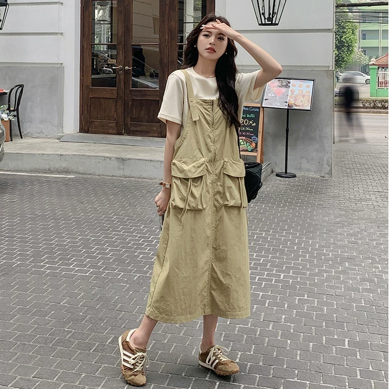 韩系学院风背带连衣裙女夏季2025新款女装双口袋工装时尚A字裙潮