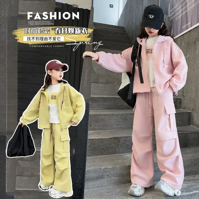女童连帽工装套装2025春装新款6-12岁15岁中大儿童休闲运动两件套