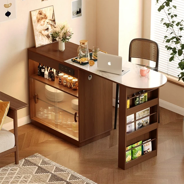实木吧台桌子家用阳台休闲可伸缩小户型隔断岛台储物柜餐边柜一体