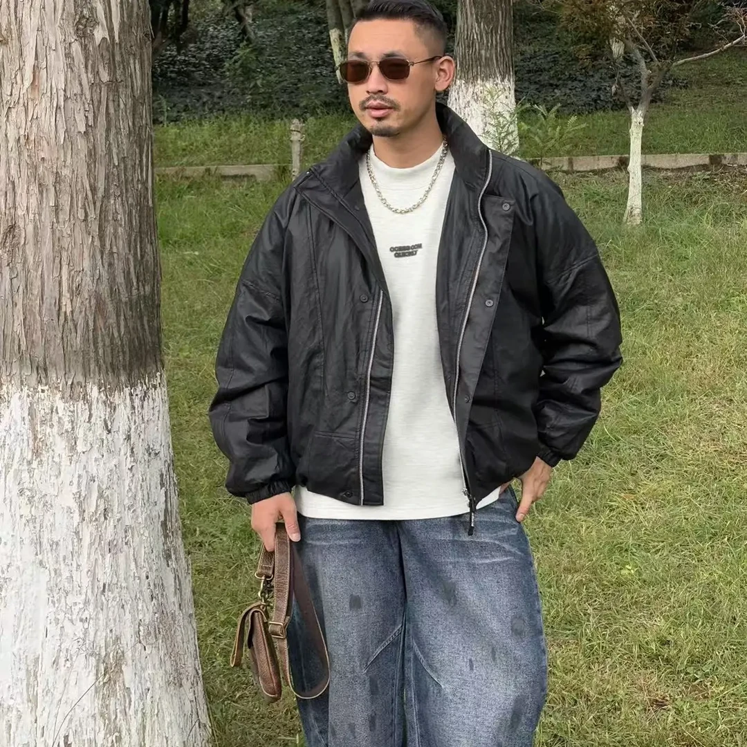 冬季新款男士立领宽松防风保暖皮羽绒服短款外套