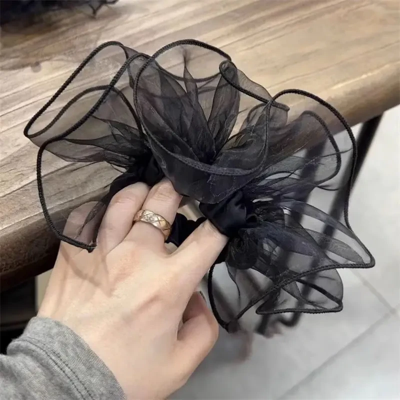 早春芭蕾系高级小众黑色欧根纱大肠发圈扇形裙摆丸子头发绳头绳