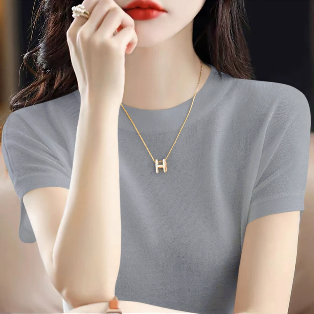 2025年夏季新款纯色短袖针织衫灰色宽松显瘦气质圆领T恤上衣女装