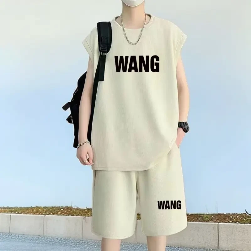 夏季冰感无袖t恤男士宽松休闲篮球套装坎肩背心速干短裤运动男装