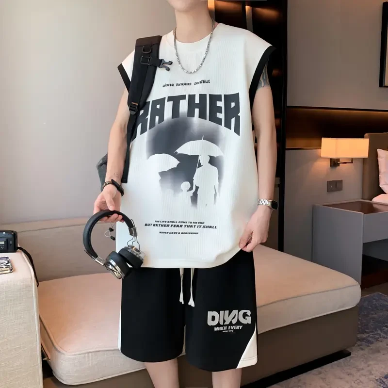 夏季薄款男生运动休闲背心短裤套装学生宽松速干无袖T恤帅气一套