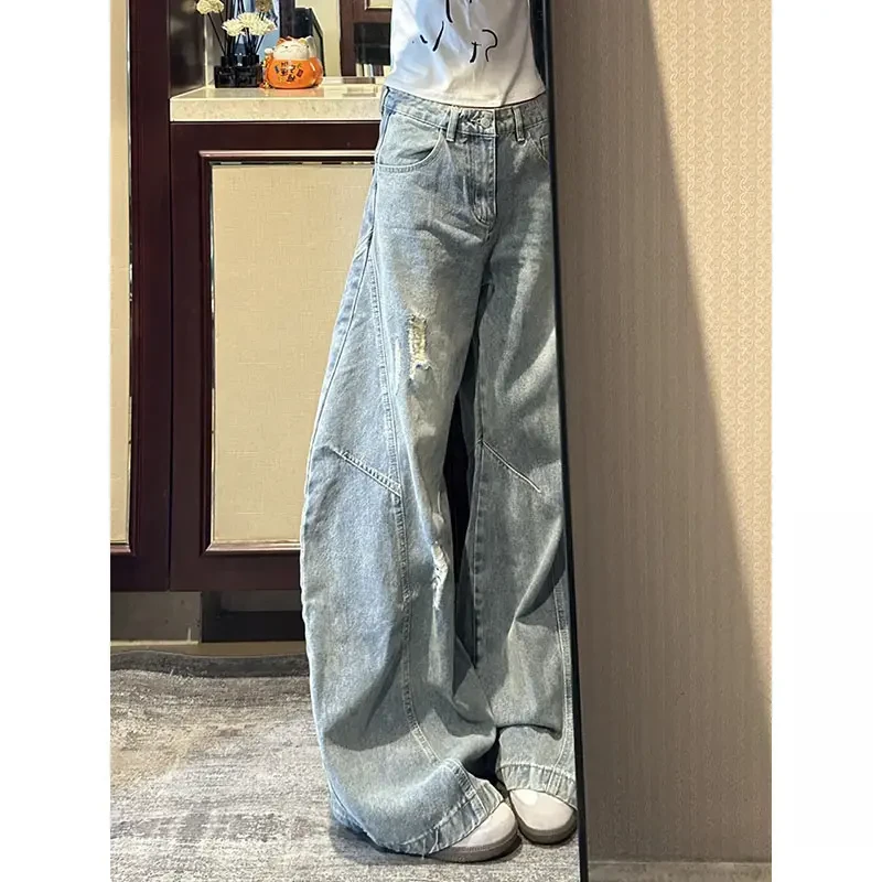 2025新款百搭时尚浅蓝色磨毛破洞阔腿弯刀裤潮牌解构直筒牛仔裤子