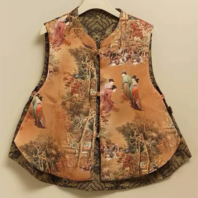 春秋款双面双穿新中式国风马甲女织锦提花老钱风马夹改良唐装