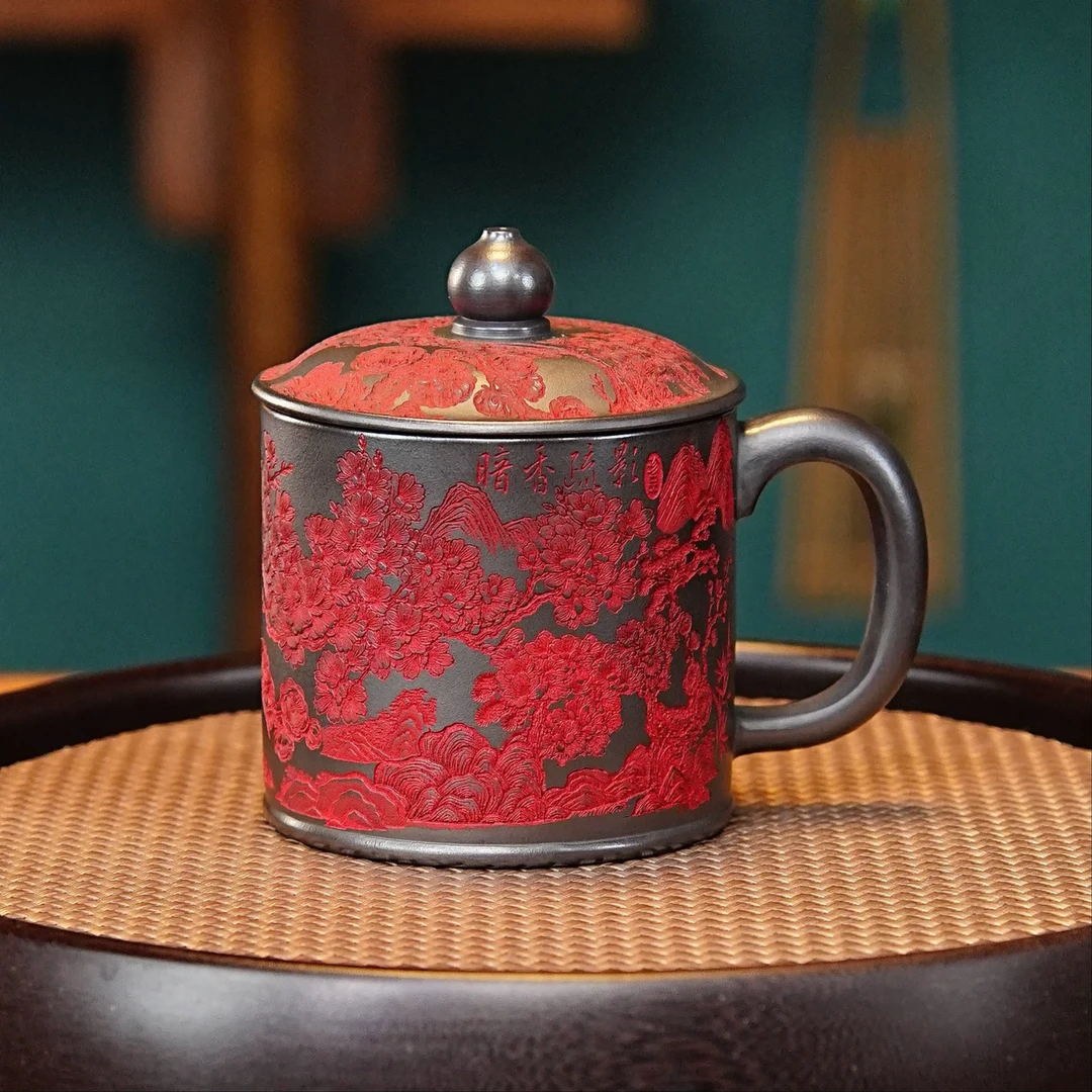 宜兴紫砂茶具 原矿石黄泥料刻绘暗香疏影紫盖杯品茗杯