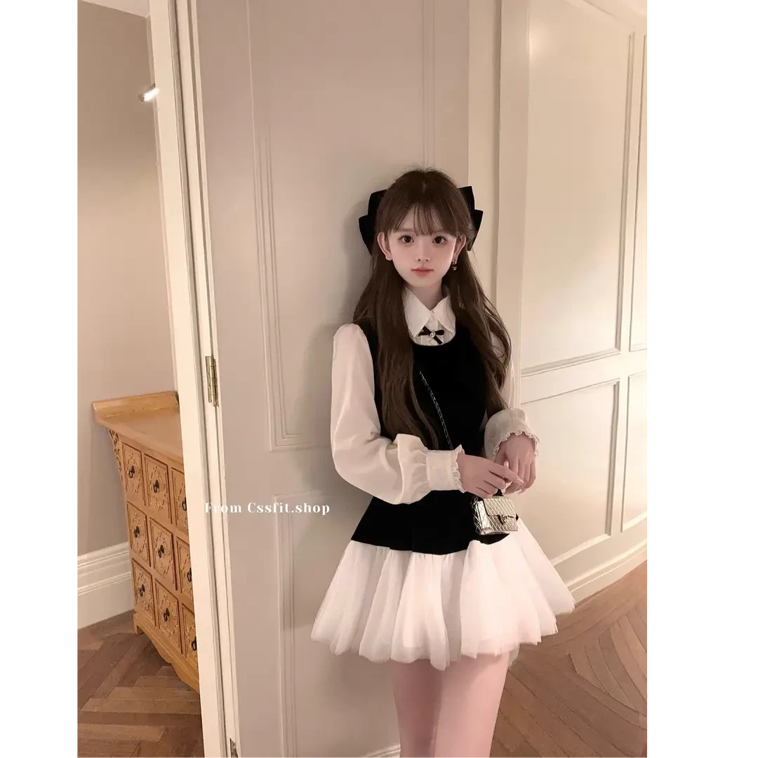富家千金韩系学院风套装女2025早春季新款蝴蝶结衬衫+丝绒背心裙