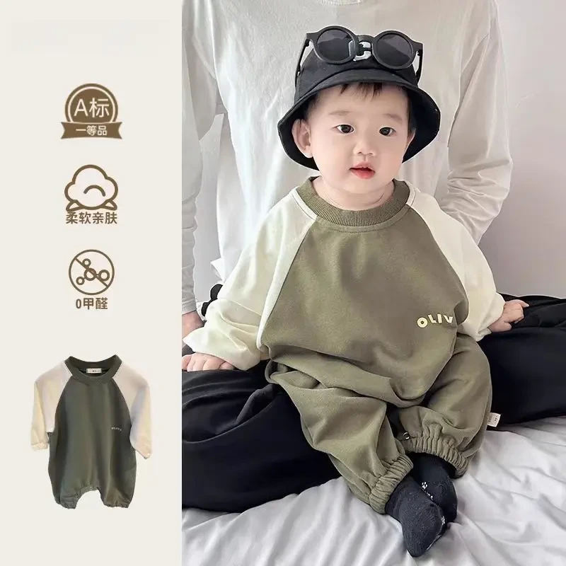 宝宝连体衣秋装婴儿衣服秋季洋气拼色韩版婴幼儿长袖外出爬服百天