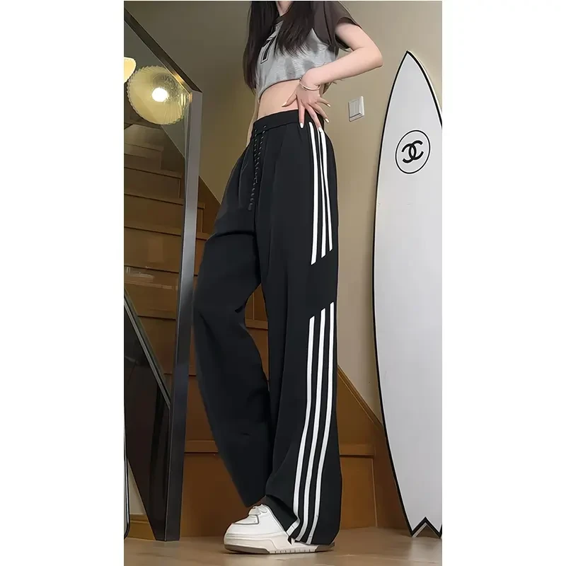 男女薄款垂感冰丝休闲裤美式高街三条杠直筒长裤子条纹速干工装裤