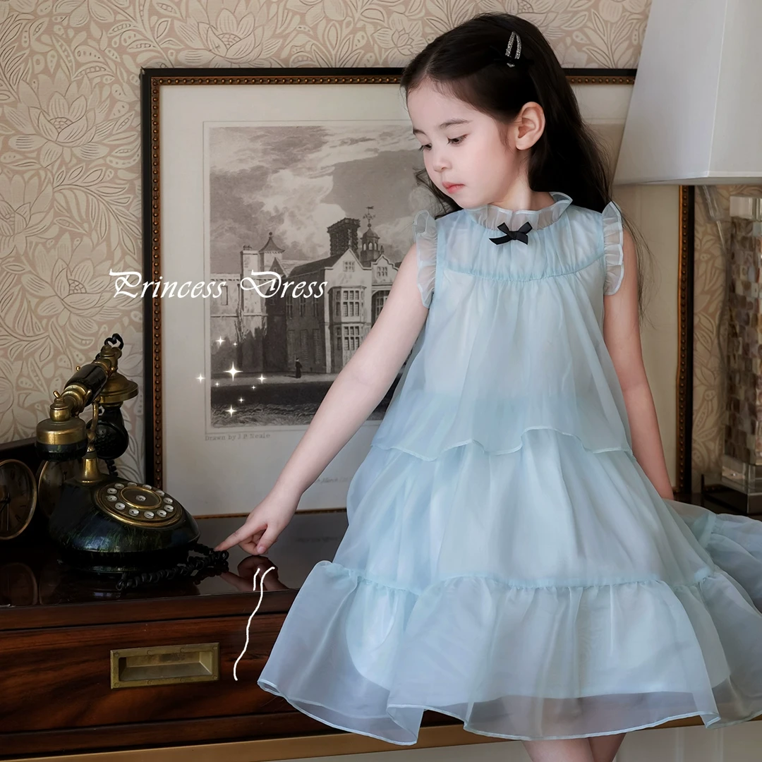 AnnieGirl夏季新款冰蓝色女童木耳边气质公主裙网纱连衣裙2025