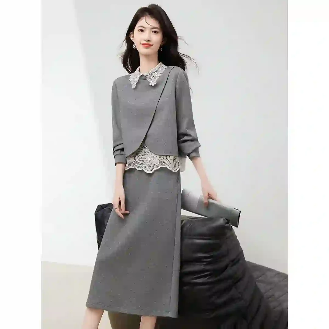 时尚气质名媛套装裙女秋冬季新款假两件蕾丝卫衣上衣半身裙两件套