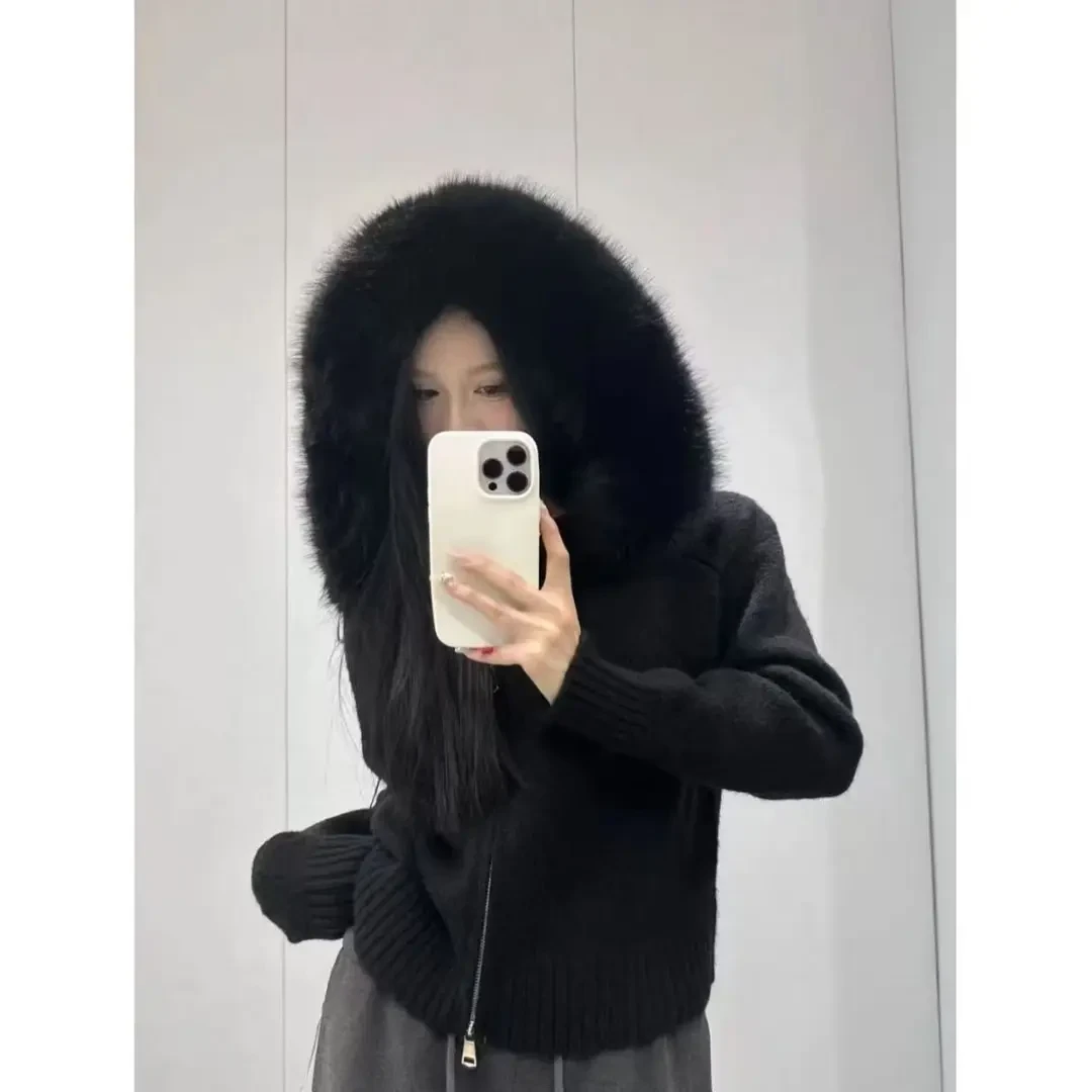 秋冬韩系拉链毛领连帽毛衣慵懒短外套针织开衫宽松百搭小个子上衣