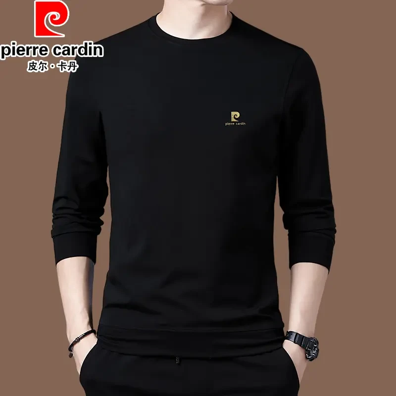 皮尔卡丹高端圆领卫衣男2025春秋新款长袖T恤中年纯色上衣打底衫