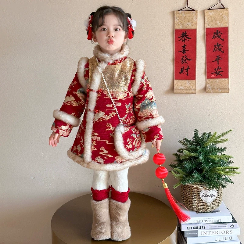 女童连衣裙中国风冬季小女孩宝宝新年喜庆儿童过年拜年服旗袍裙子