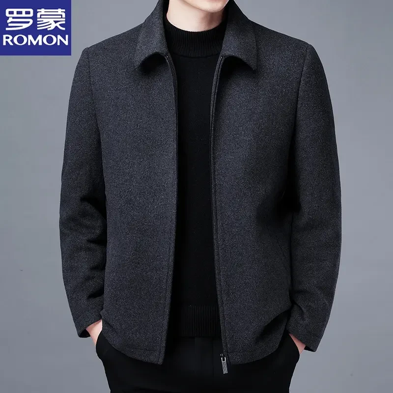 【纯羊毛】罗蒙毛呢外套男士秋冬翻领加厚短款大衣中老年爸爸装夹克