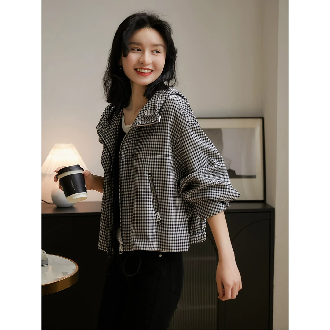 笑涵阁 黑白格纹百搭短款廓形连帽短外套WTG665598AG