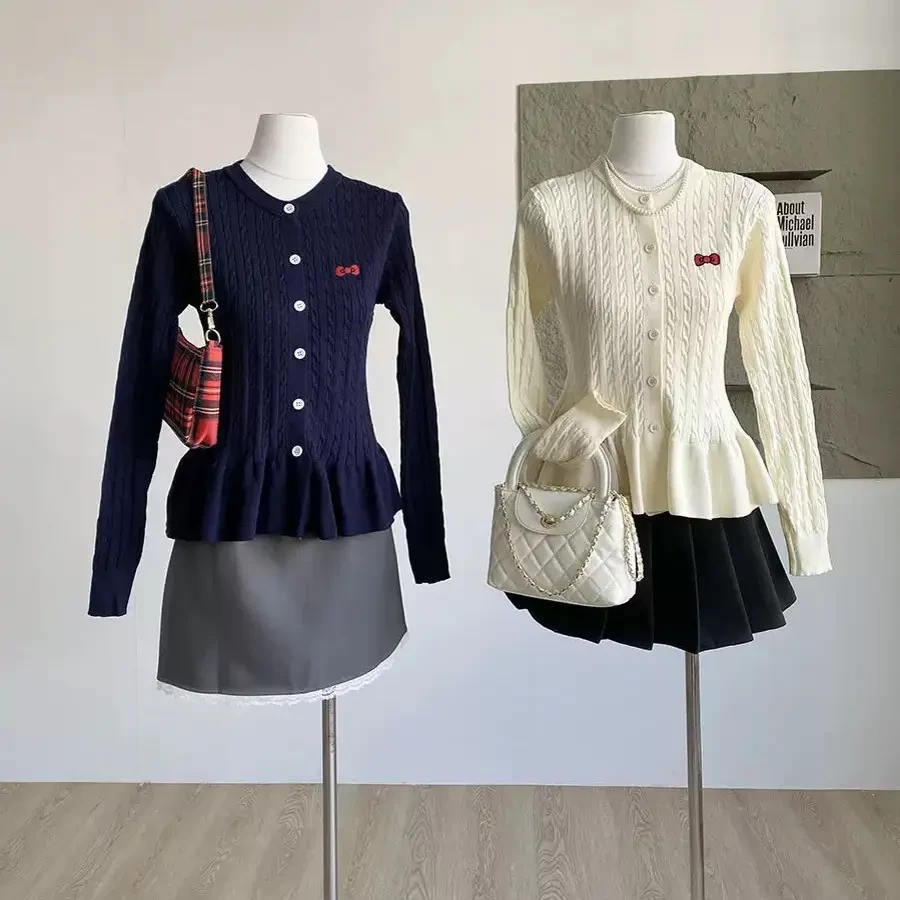 高级设计感拼接长袖polo领系带女针织衫外套