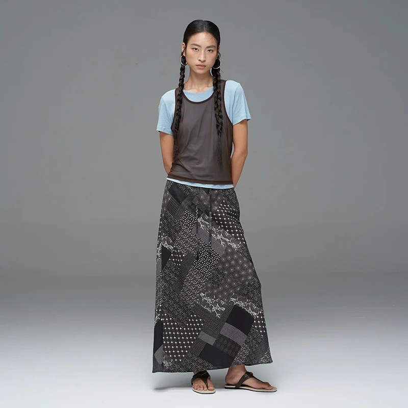 THE ENES 显瘦撞色针织叠网纱真两件T恤女宽松上衣