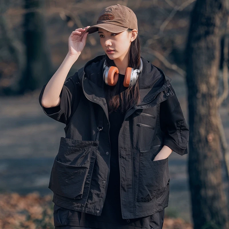 AOGZ工装马甲男女夏季无袖坎肩潮牌机能风美式户外情侣装连帽外套