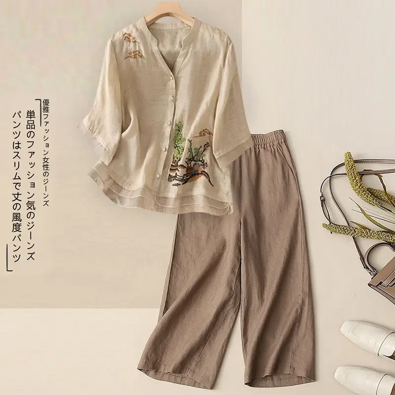 中年妈妈装棉麻套装女2025夏季高端亚麻刺绣领衬衫阔腿裤两件套