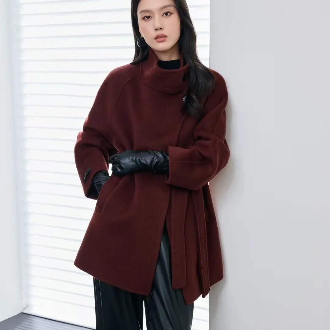 法式立领高级感牦牛绒双面大衣气质外套时尚百搭中长款秋冬