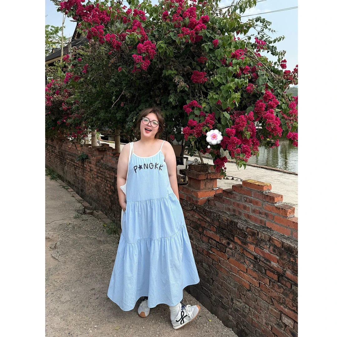 老章和小胖PONGKIKI休闲吊带裙大码蓝白条纹显瘦透气百搭连衣裙夏
