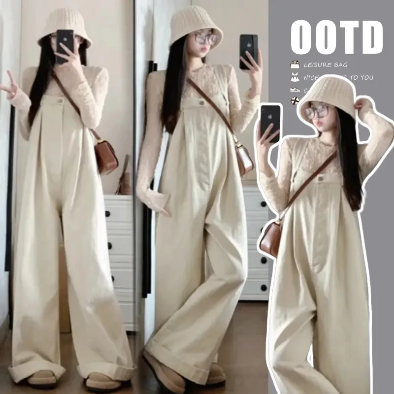 2025年春夏新款背带裤孕妇阔腿牛仔裤显瘦蕾丝长袖休闲减龄两件套