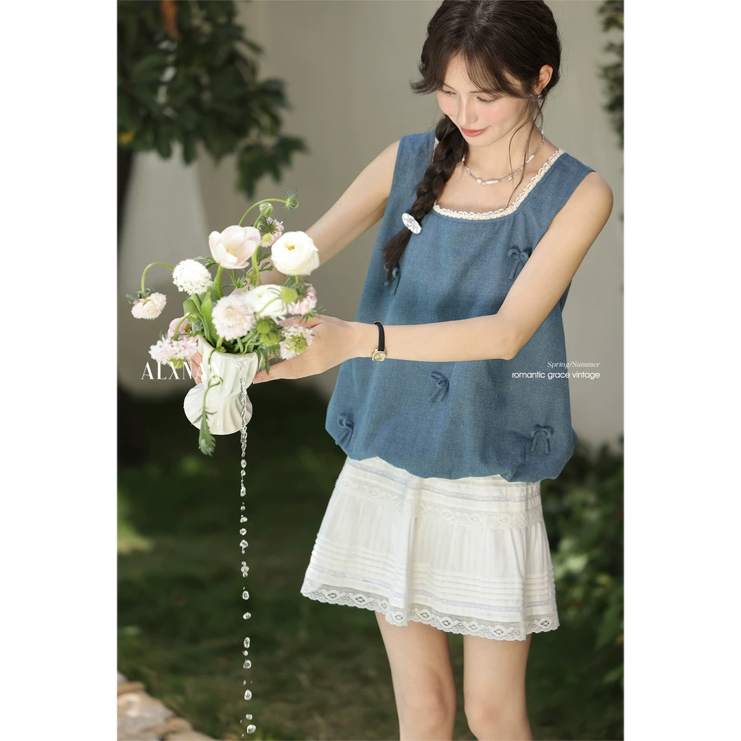 鹿向南「蓝调诗人」蓝色牛仔立体蝴蝶结无袖背心女夏外穿吊带上衣