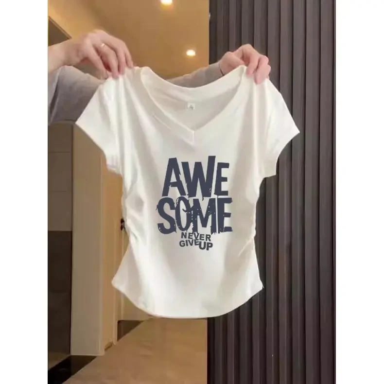 2025新款正肩V领短袖t恤女装设计感小众侧边褶皱收腰白色上衣夏季