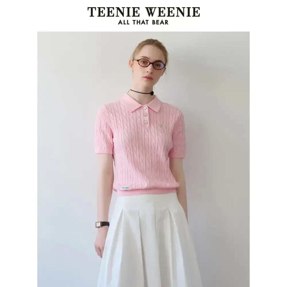 TeenieWeenie小熊肌理感绞花POLO领短袖针织粉色TTKW242305P