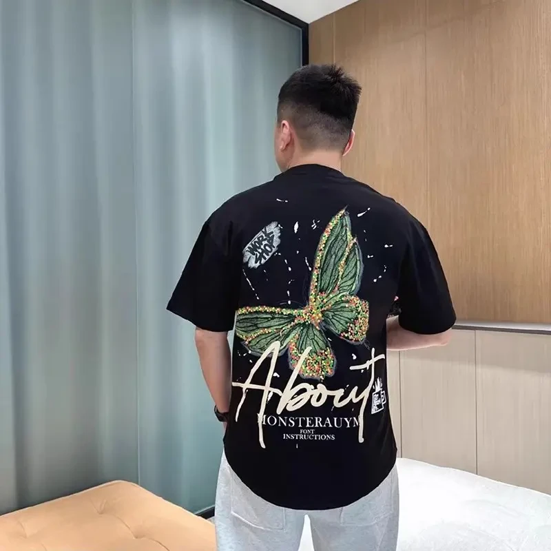 夏季圆领网红短T男半袖个性彩绘蝴蝶潮流燕尾男士修身印花短袖T恤