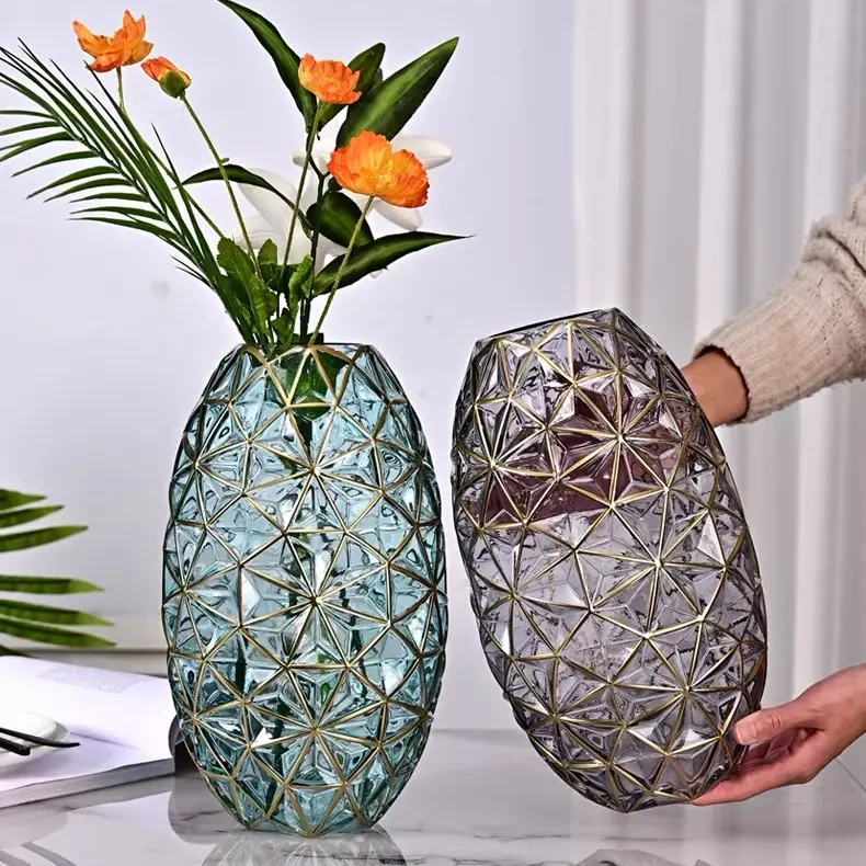 钻石彩色描金玻璃花瓶高档客厅装饰品餐桌摆件水养鲜花插花轻奢TL