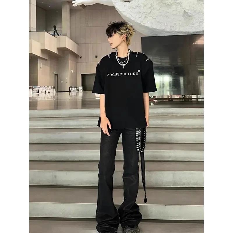 美式高级感垫肩T恤男痞帅金属扣320克重磅小领口短袖高街体恤上衣