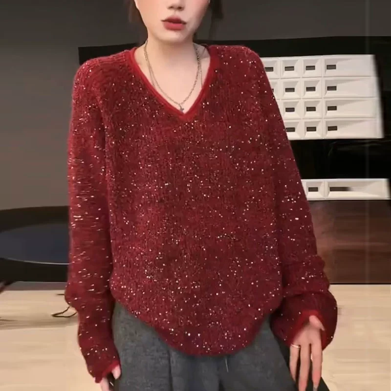 纯色v领亮片毛衣女2024秋冬季高级感宽松时尚休闲针织衫百搭上衣